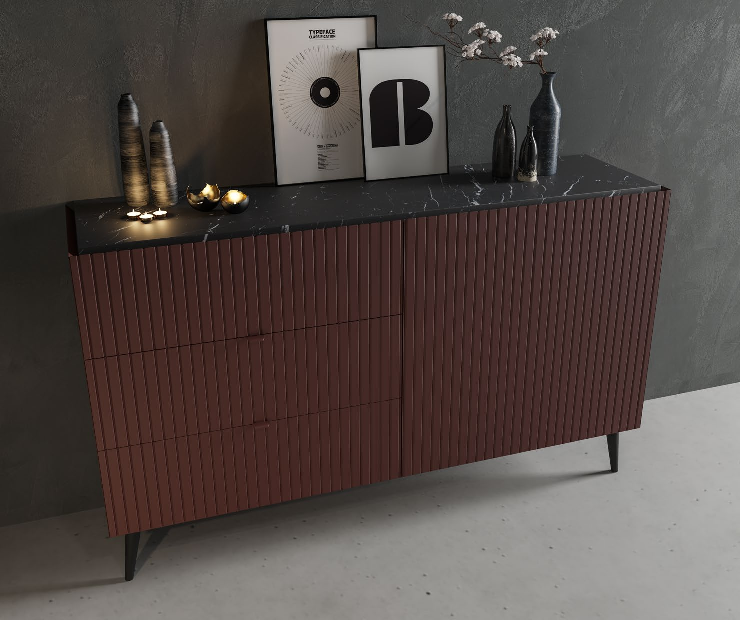 Aparador moderno con frontal acanalado y sobre efecto mármol