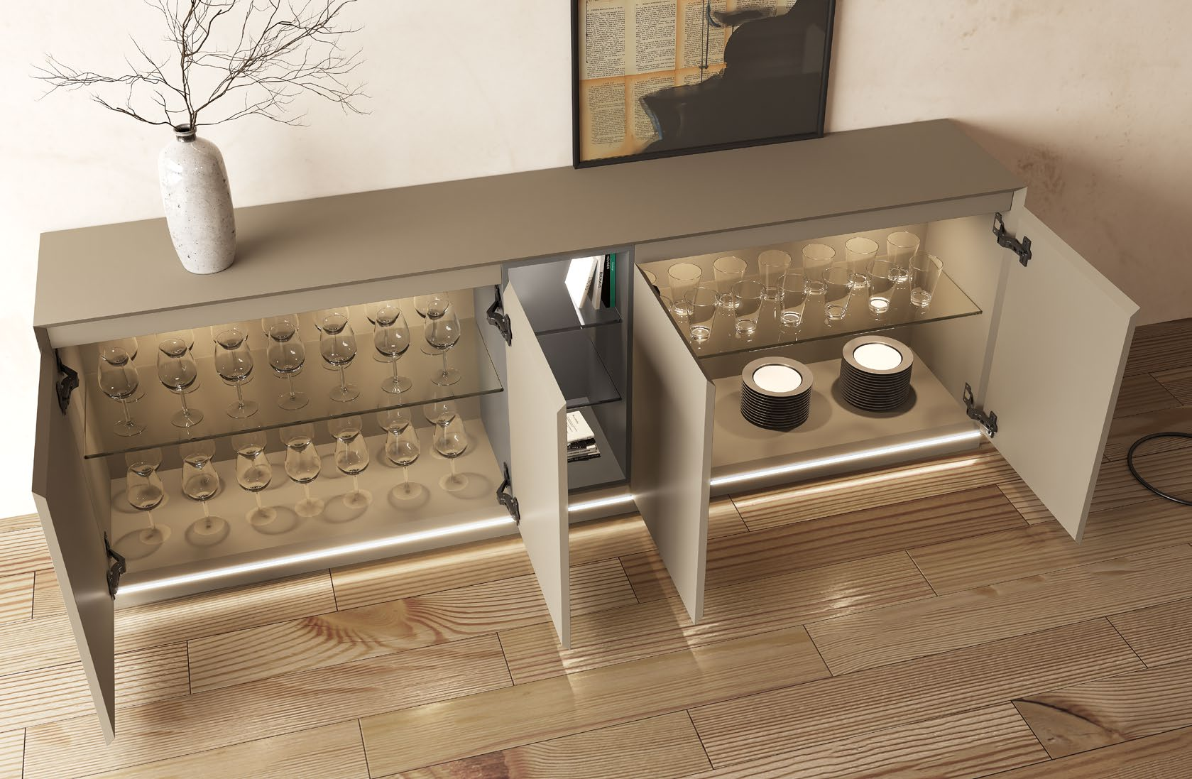 Aparador moderno con iluminación LED y baldas de cristal