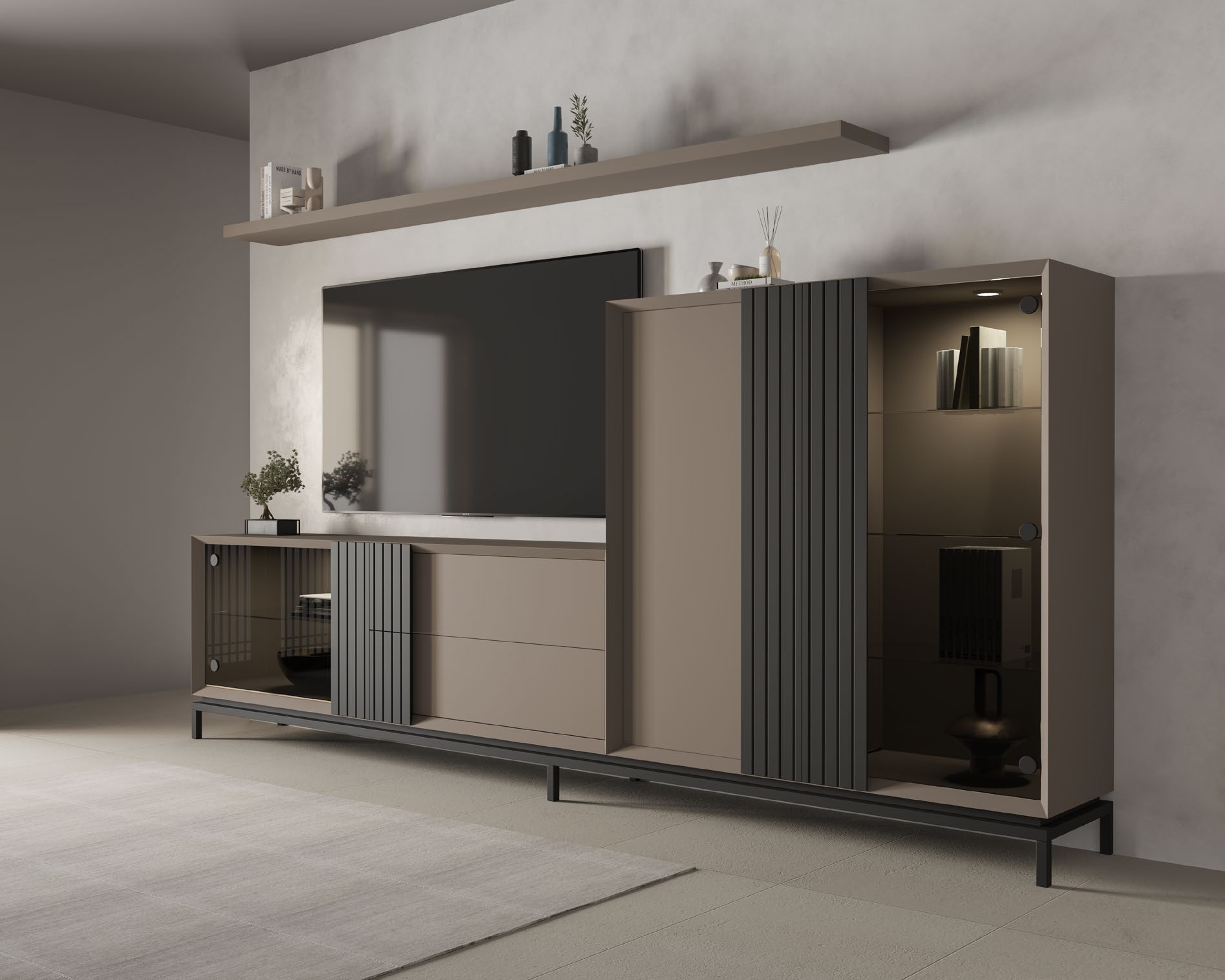 Mueble TV de dos piezas en tono beige con detalles acanalados