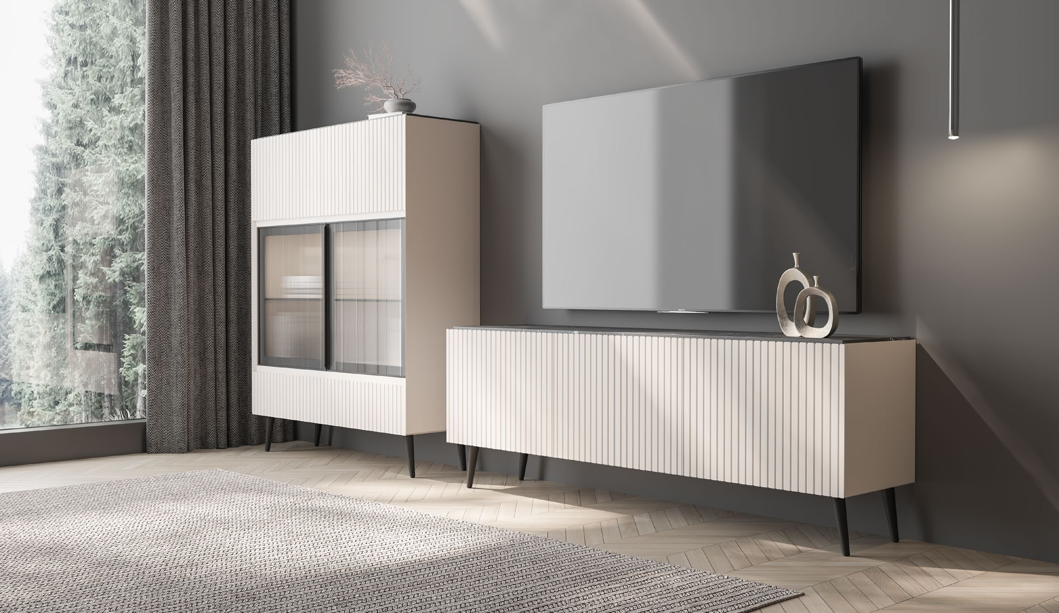 Mueble TV moderno con frontal acanalado y patas metálicas