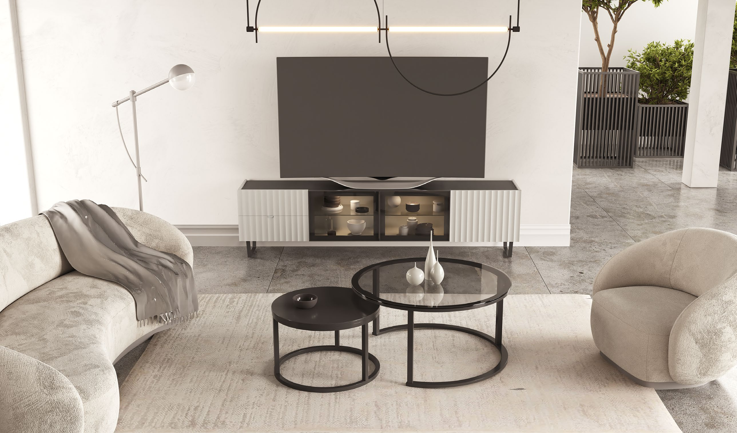 Mueble TV moderno con vitrina central e iluminación