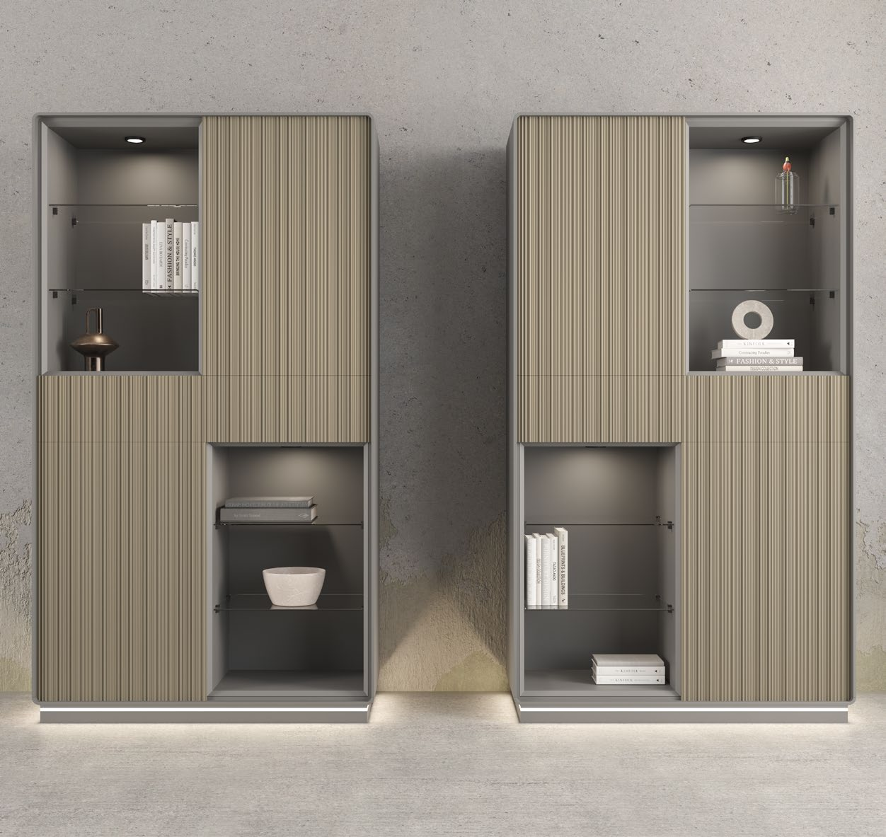 Vitrina moderna con frontal acanalado e iluminación integrada