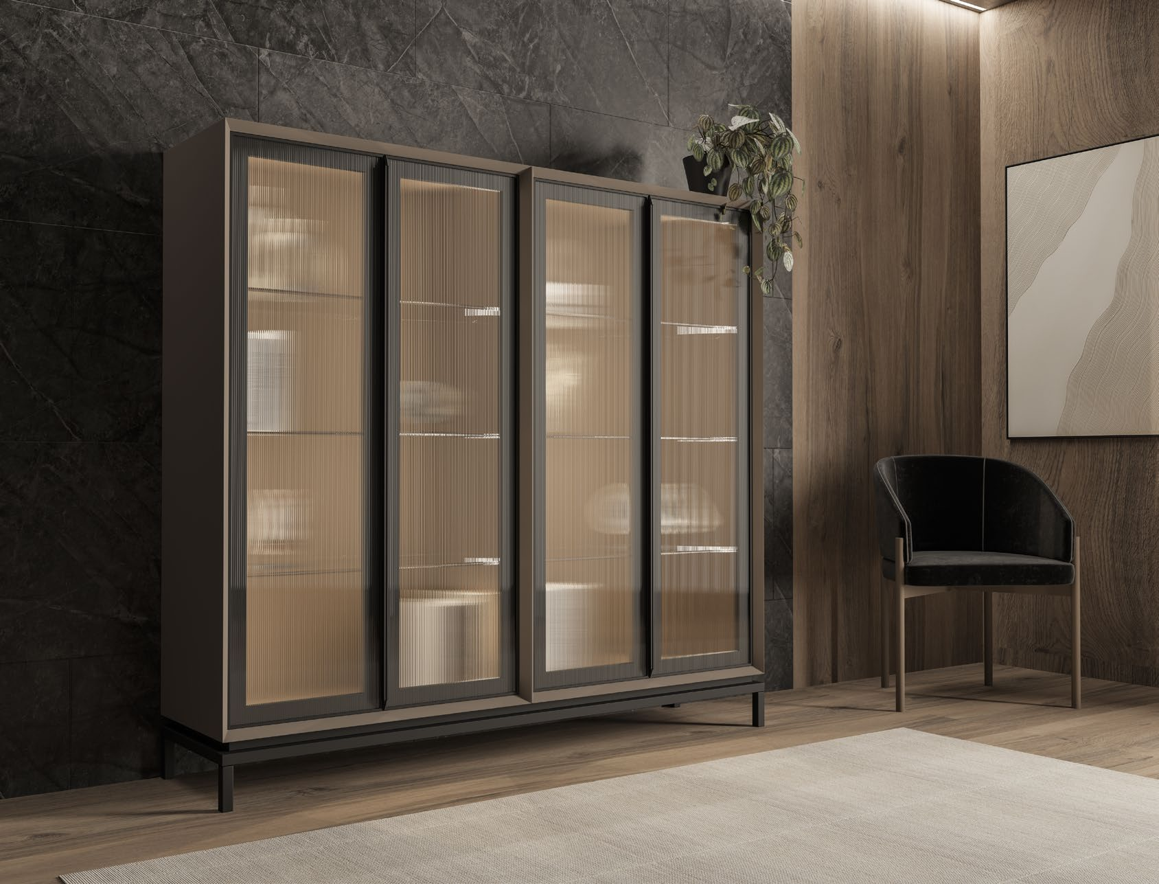 Vitrina moderna de gran formato con puertas de cristal e iluminación LED