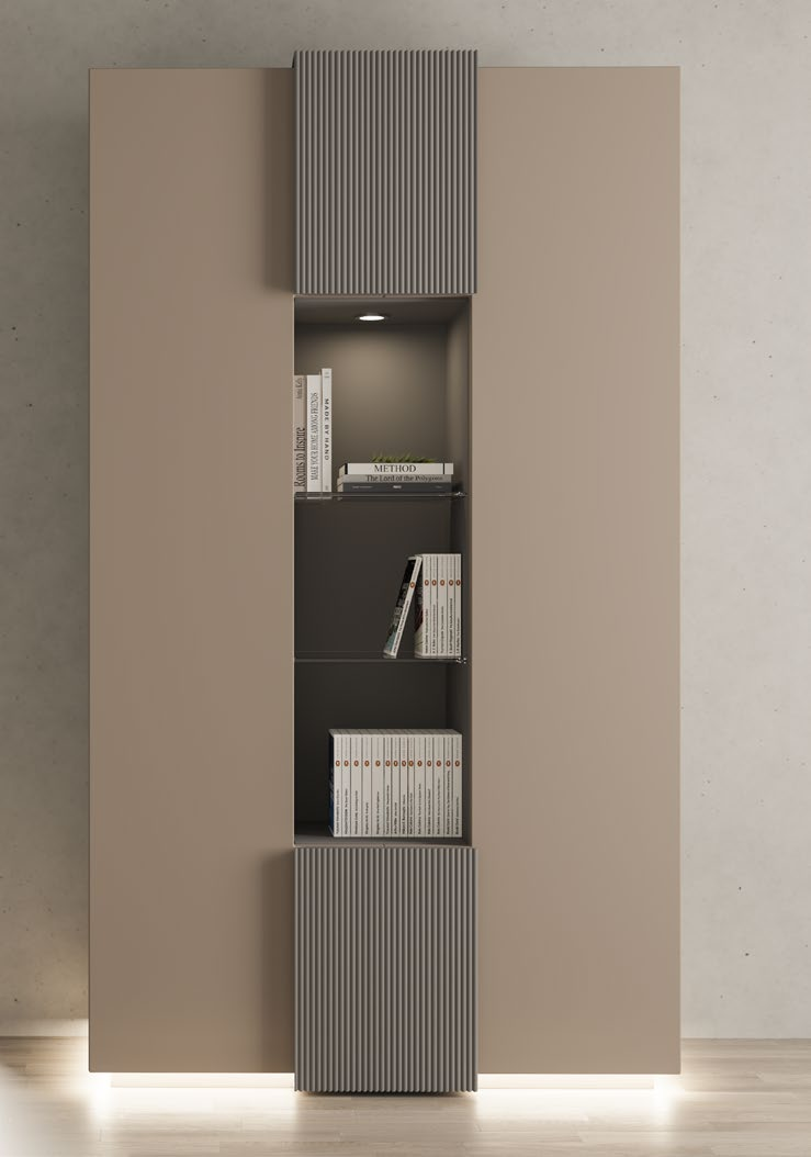 Vitrina moderna en tono beige con módulo central iluminado